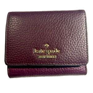 Kate Spade Burgundy Pebbled Tri Fold Small  Leather Wallet